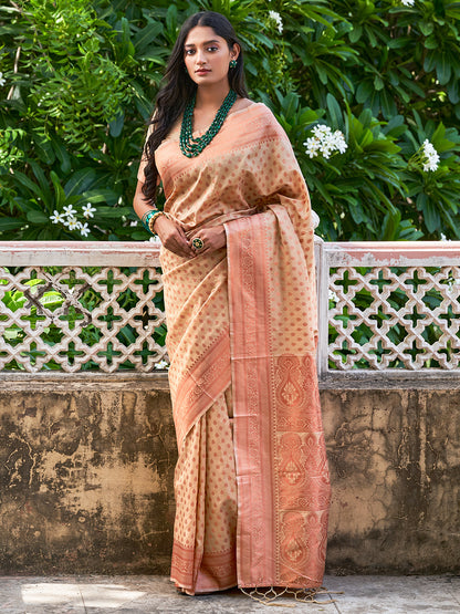 Janasya Beige Chanderi Silk Ethnic Motifs Woven Design Saree - Distacart