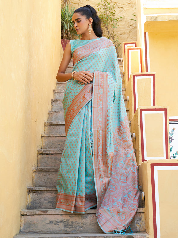 Janasya Sea Green Chanderi Silk Ethnic Motifs Woven Design Saree - Distacart