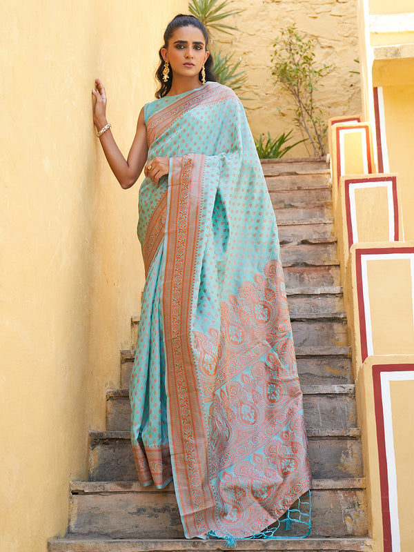 Janasya Sea Green Chanderi Silk Ethnic Motifs Woven Design Saree - Distacart