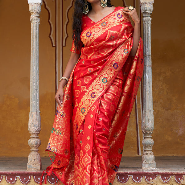 Janasya Red Banarasi Silk Ethnic Motifs Woven Design Saree - Distacart