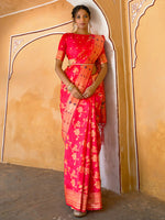 Thumbnail for Janasya Pink Banarasi Silk Floral Woven Jaal Saree - Distacart