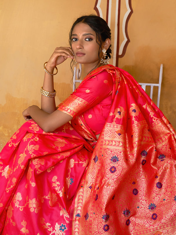 Janasya Pink Banarasi Silk Floral Woven Jaal Saree - Distacart