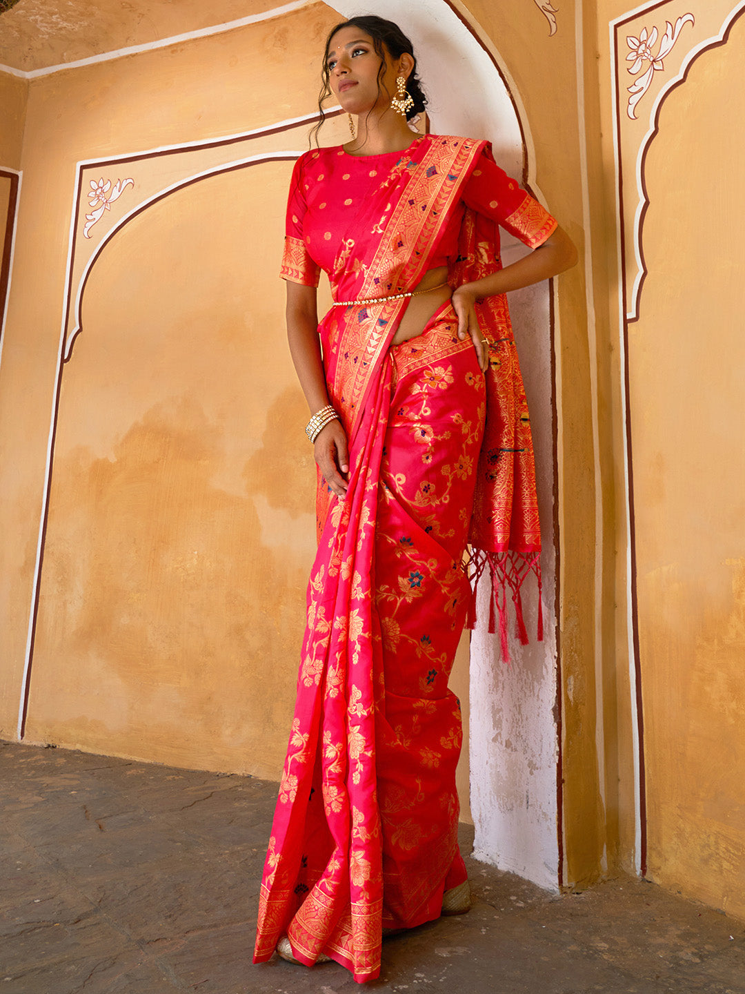 Janasya Pink Banarasi Silk Floral Woven Jaal Saree - Distacart