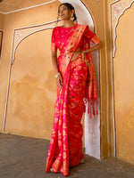 Thumbnail for Janasya Pink Banarasi Silk Floral Woven Jaal Saree - Distacart