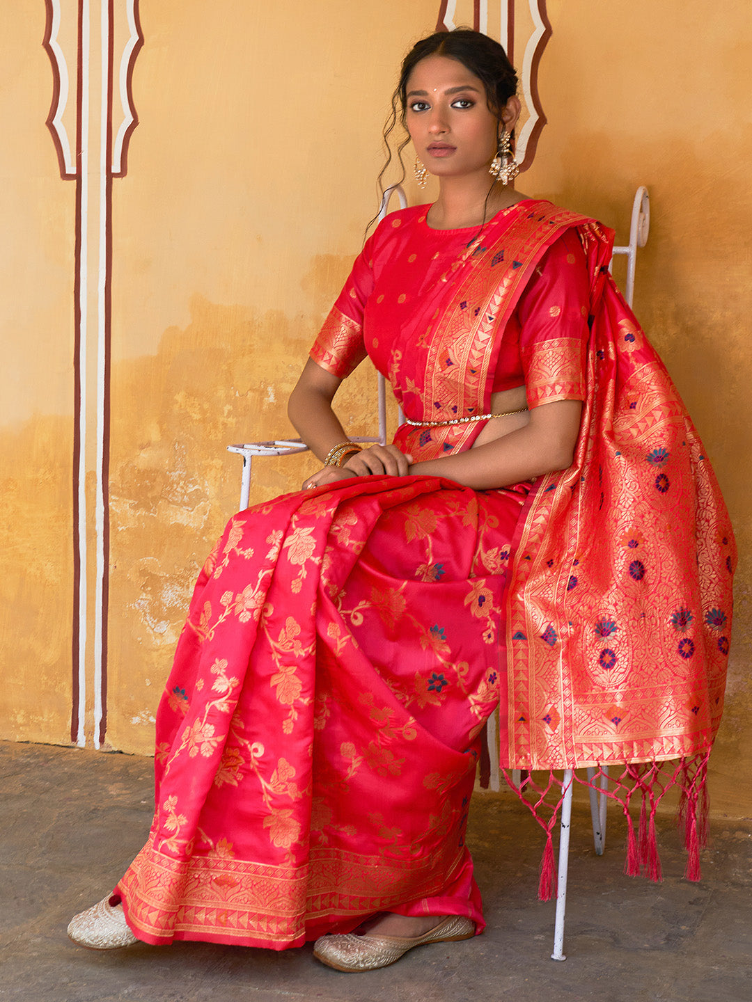 Janasya Pink Banarasi Silk Floral Woven Jaal Saree - Distacart