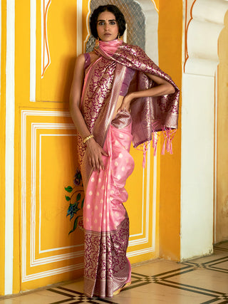 Janasya Pink Banarasi Silk Woven Ethnic Motifs Woven Design Saree - Distacart