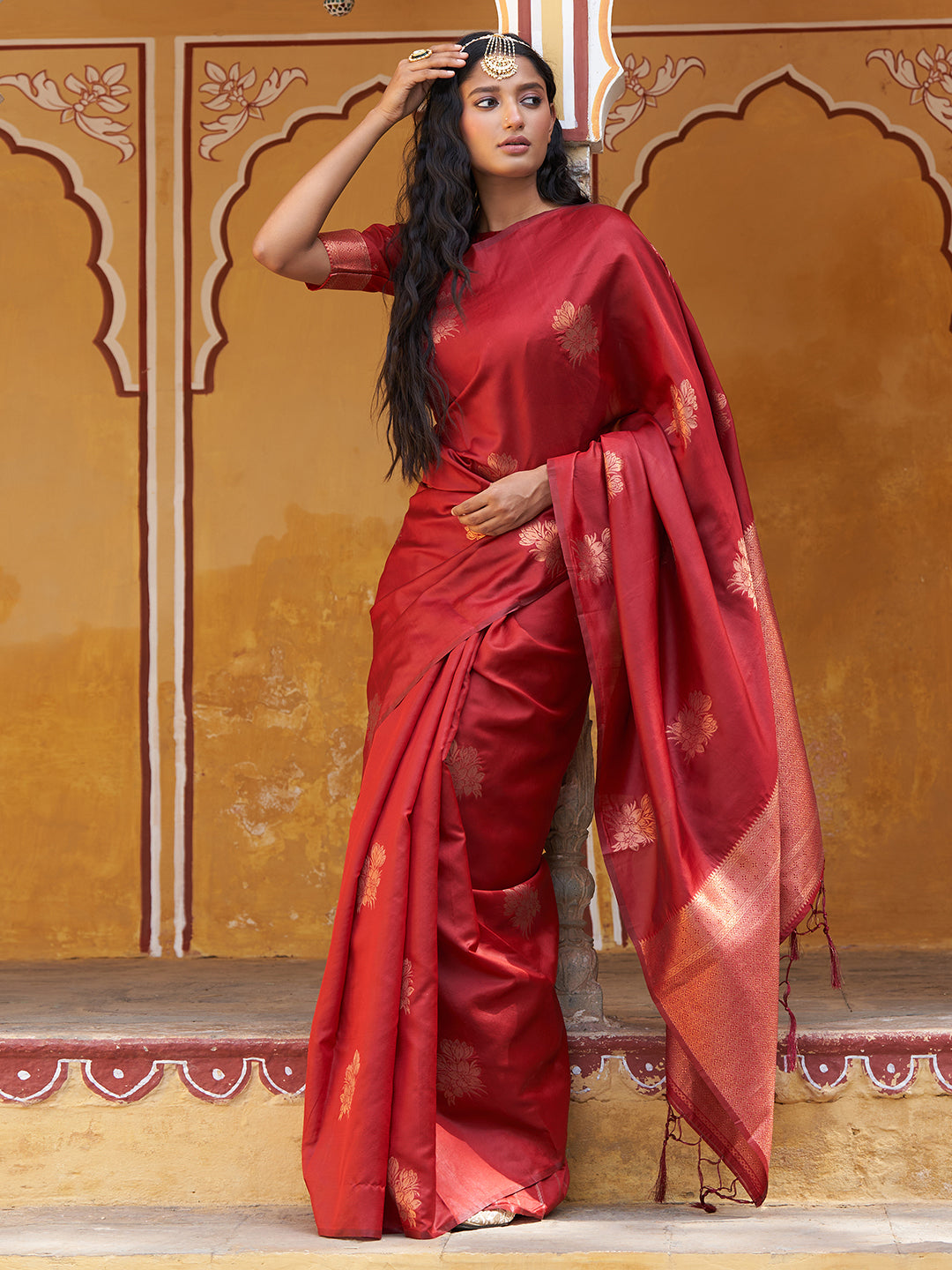 Janasya Red Kanjeevaram Silk Floral Motif Kanjeevaram Silk Saree - Distacart