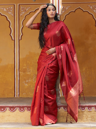 Janasya Red Kanjeevaram Silk Floral Motif Kanjeevaram Silk Saree - Distacart