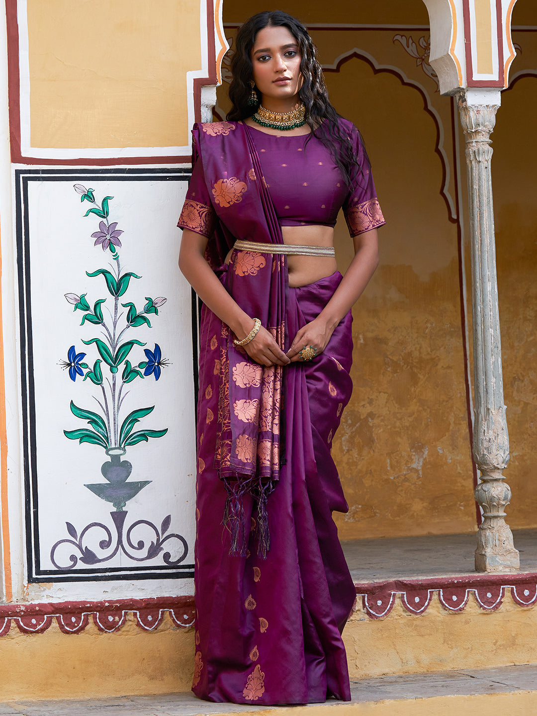 Janasya Wine Kanjeevaram Silk Woven Ethnic Motifs Kanjeevaram Silk Saree - Distacart