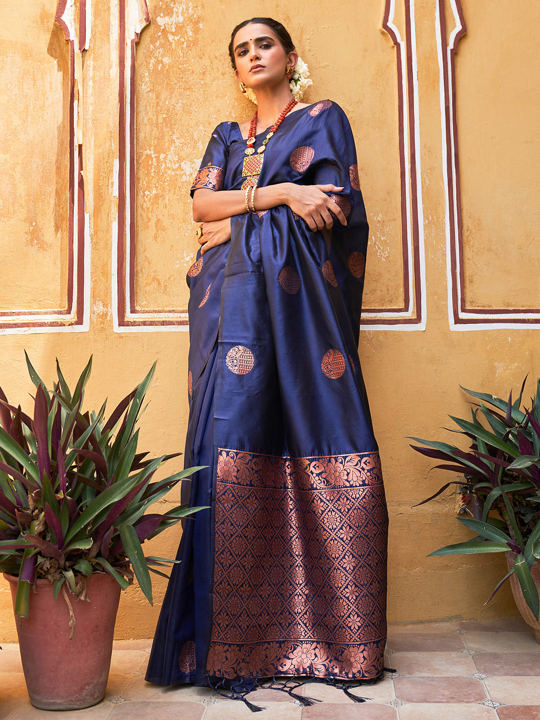 Janasya Navy Blue Kanjeevaram Silk Geometric Design Kanjeevaram Silk Saree - Distacart