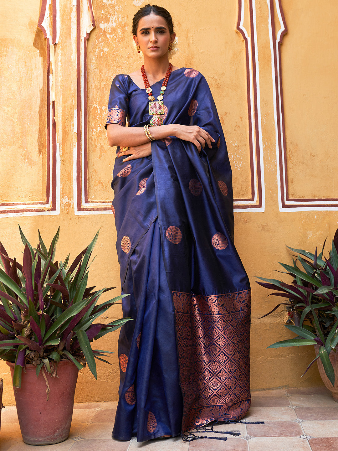 Janasya Navy Blue Kanjeevaram Silk Geometric Design Kanjeevaram Silk Saree - Distacart