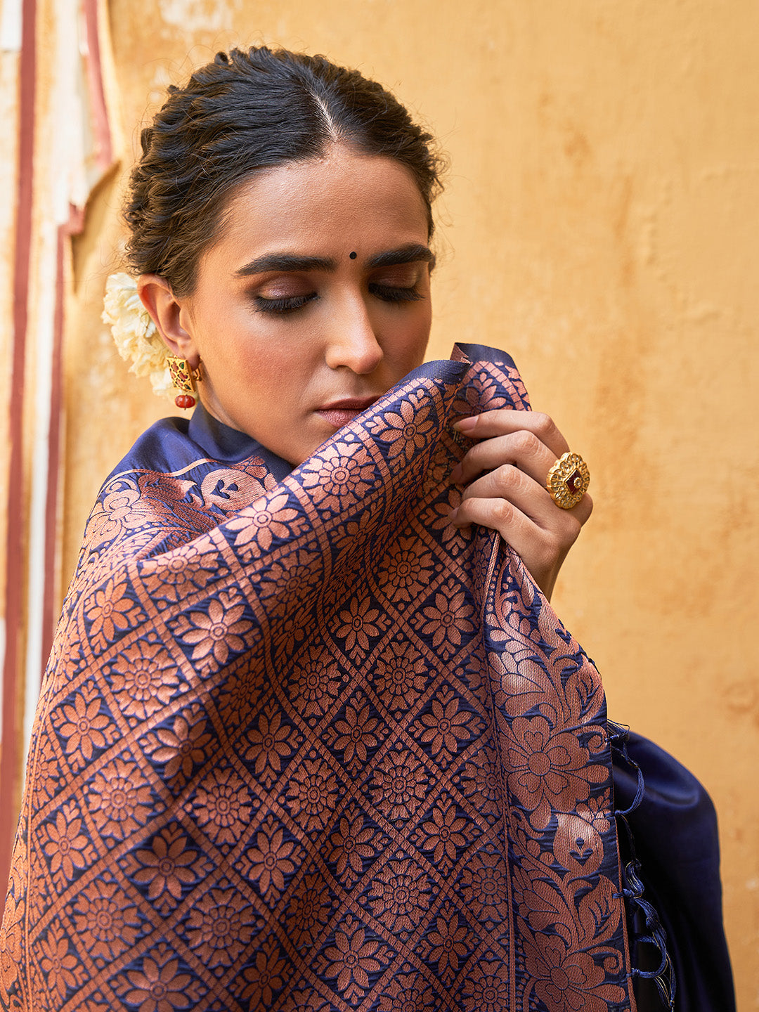 Janasya Navy Blue Kanjeevaram Silk Geometric Design Kanjeevaram Silk Saree - Distacart