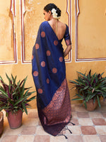 Thumbnail for Janasya Navy Blue Kanjeevaram Silk Geometric Design Kanjeevaram Silk Saree - Distacart