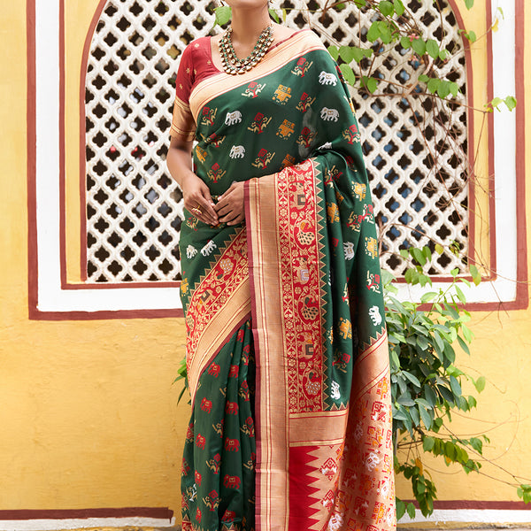 Janasya Green Cotton Silk Woven Ethnic Motifs Patola Saree - Distacart