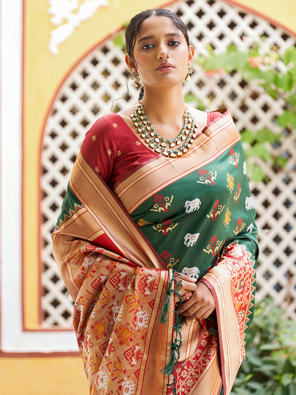 Janasya Green Cotton Silk Woven Ethnic Motifs Patola Saree - Distacart