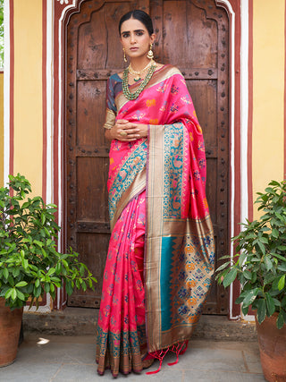 Janasya Pink Cotton Silk Woven Ethnic Motifs Patola Saree - Distacart