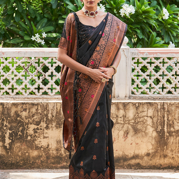 Janasya Black Banarasi Silk Woven Floral Design Banarasi Silk Saree - Distacart