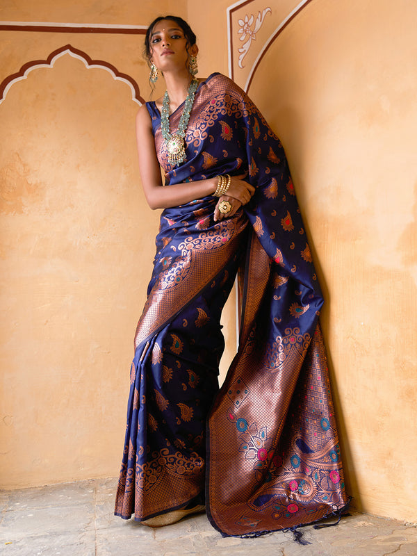 Janasya Navy Blue Banarasi Silk Woven Dual Tone Floral Design Banarasi Silk Saree - Distacart