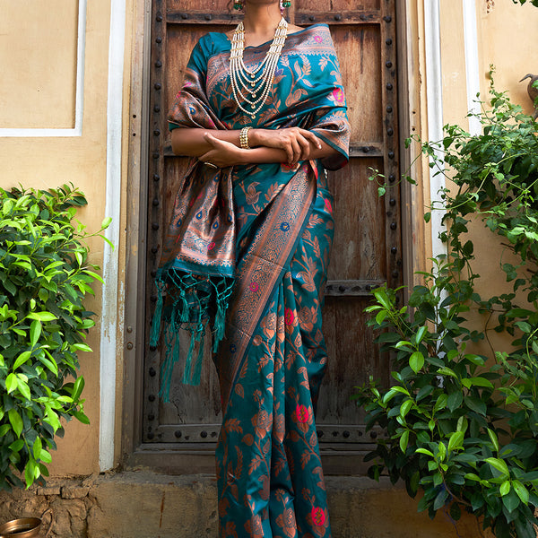 Janasya Teal Green Banarasi Silk Woven Dual Tone Floral Design Banarasi Silk Saree - Distacart