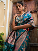Thumbnail for Janasya Teal Green Banarasi Silk Woven Dual Tone Floral Design Banarasi Silk Saree - Distacart