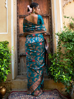 Thumbnail for Janasya Teal Green Banarasi Silk Woven Dual Tone Floral Design Banarasi Silk Saree - Distacart