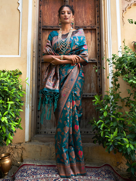 Janasya Teal Green Banarasi Silk Woven Dual Tone Floral Design Banarasi Silk Saree - Distacart
