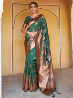 Thumbnail for Janasya Green Banarasi Silk Woven Dual Tone Floral Design Banarasi Silk Saree - Distacart