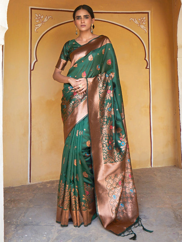 Janasya Green Banarasi Silk Woven Dual Tone Floral Design Banarasi Silk Saree - Distacart