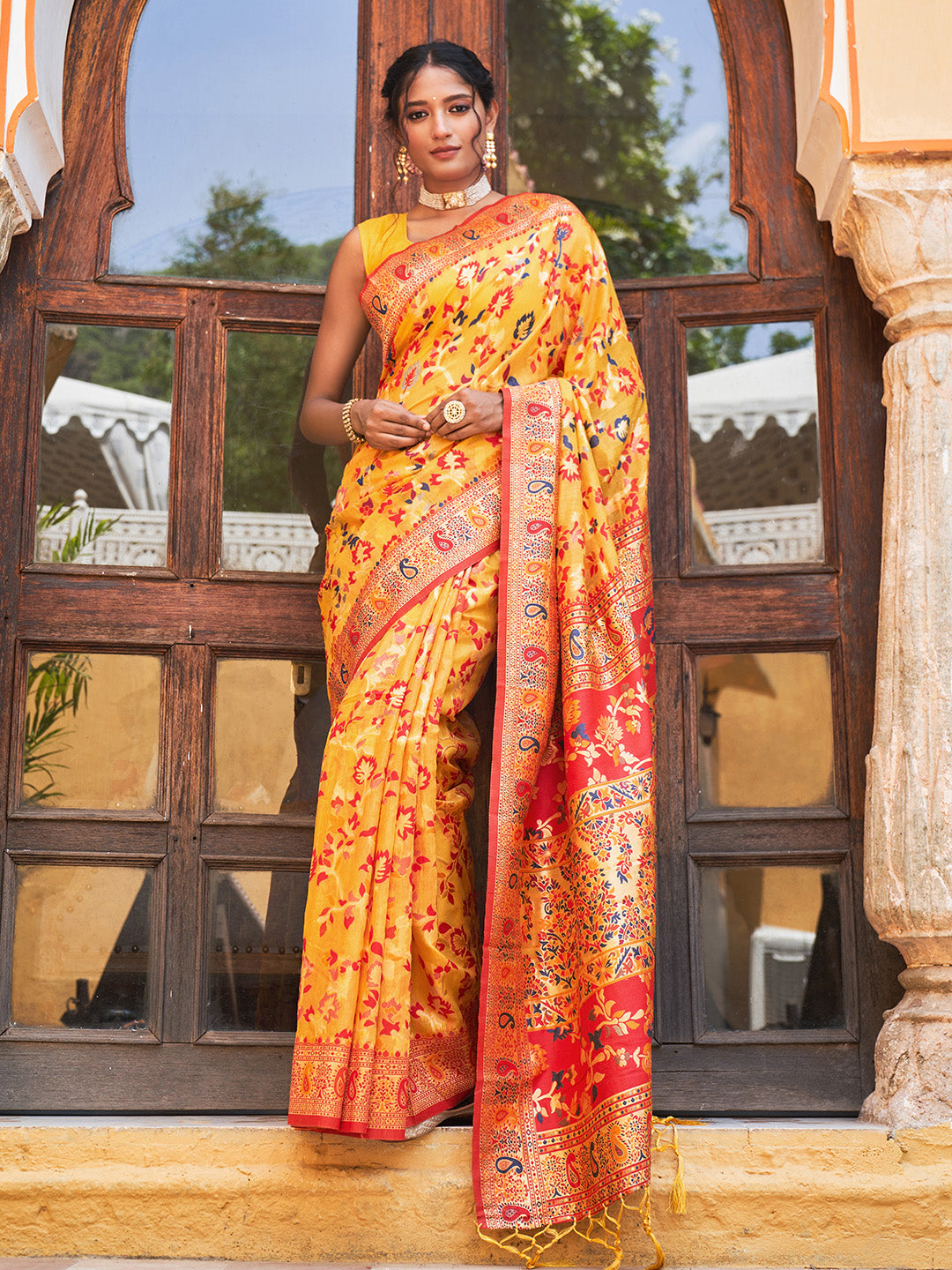 Janasya Yellow Chanderi Silk Pashmina Woven Design Saree - Distacart
