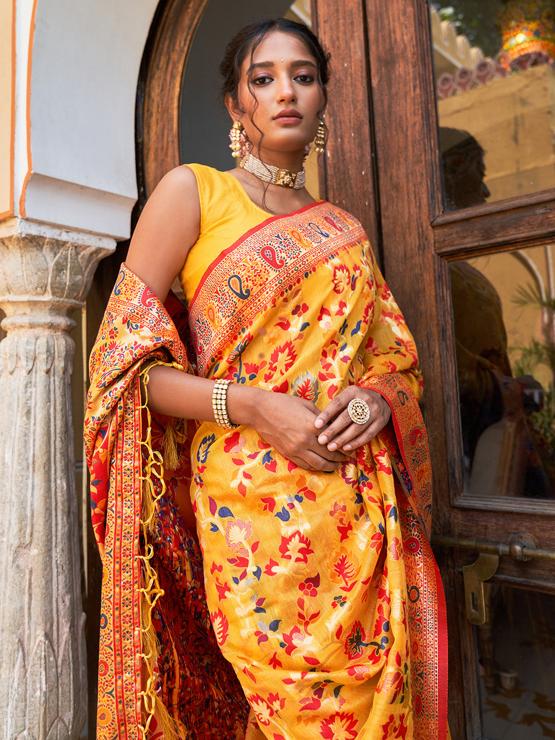 Janasya Yellow Chanderi Silk Pashmina Woven Design Saree - Distacart