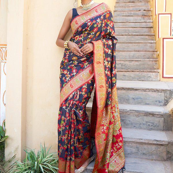 Janasya Navy Blue Chanderi Silk Pashmina Woven Design Saree - Distacart