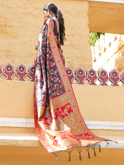 Janasya Navy Blue Chanderi Silk Pashmina Woven Design Saree - Distacart
