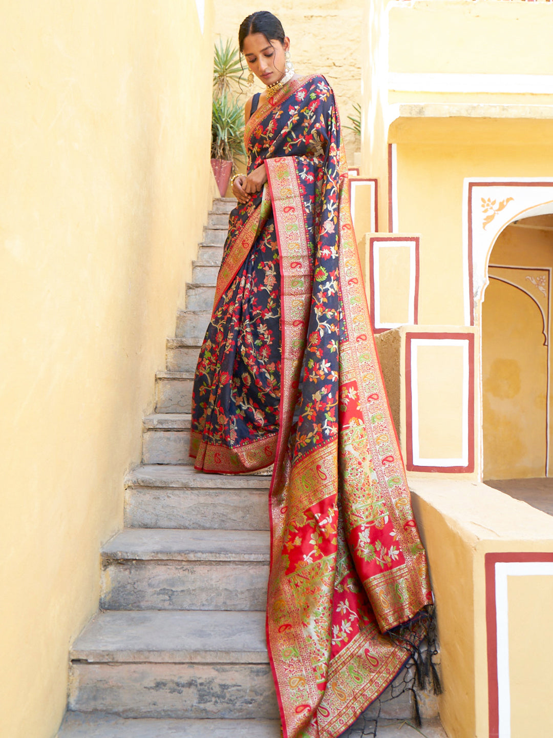 Janasya Navy Blue Chanderi Silk Pashmina Woven Design Saree - Distacart