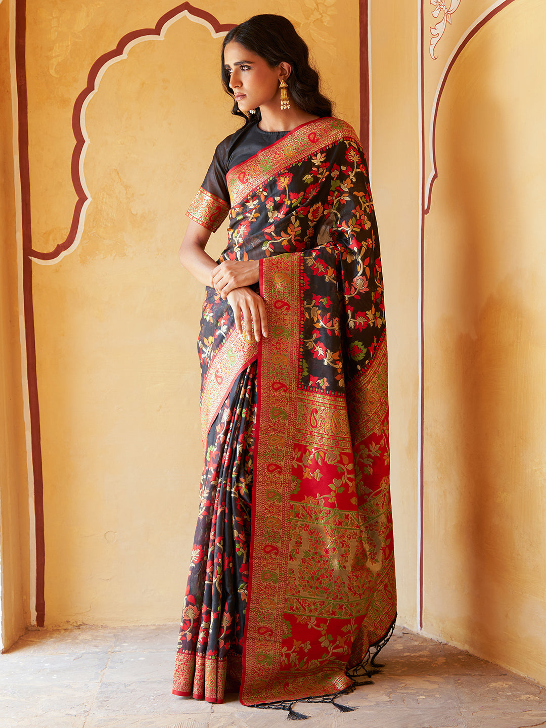 Janasya Black Chanderi Silk Pashmina Woven Design Saree - Distacart