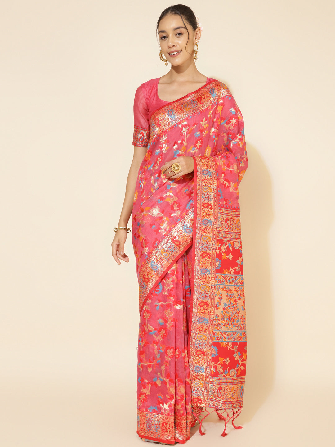 Janasya Pink Chanderi Silk Pashmina Woven Design Saree - Distacart