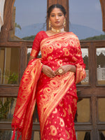 Thumbnail for Janasya Red Banarasi Silk Paisley Woven Design Saree - Distacart