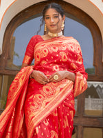 Thumbnail for Janasya Red Banarasi Silk Paisley Woven Design Saree - Distacart