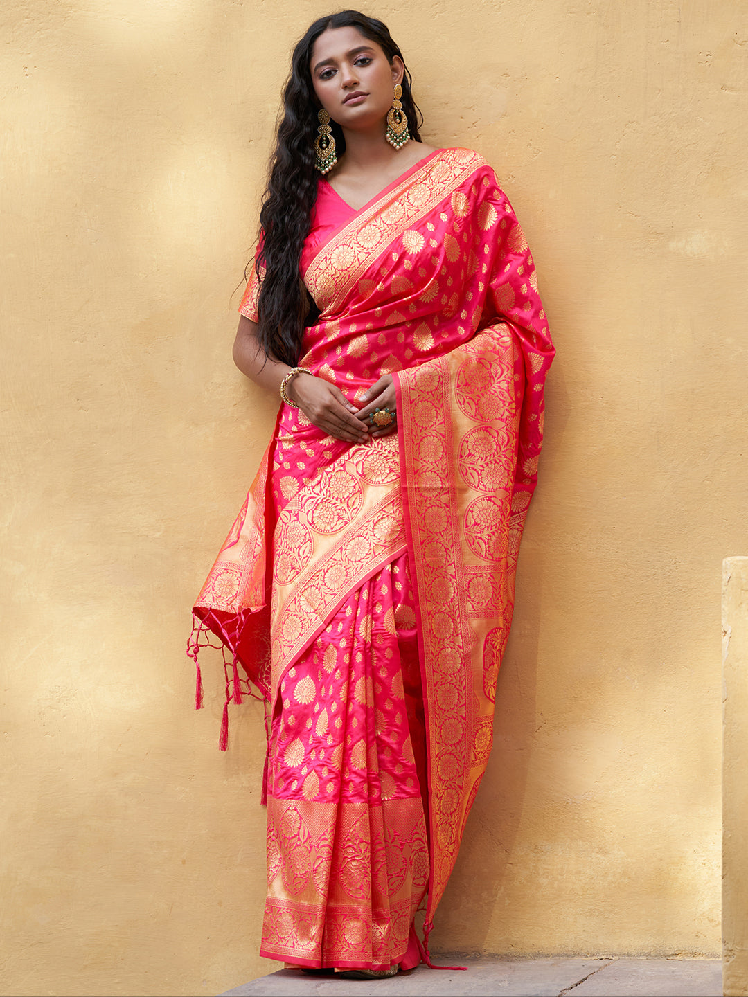 Janasya Pink Banarasi Silk Ethnic Motifs Woven Design Saree - Distacart