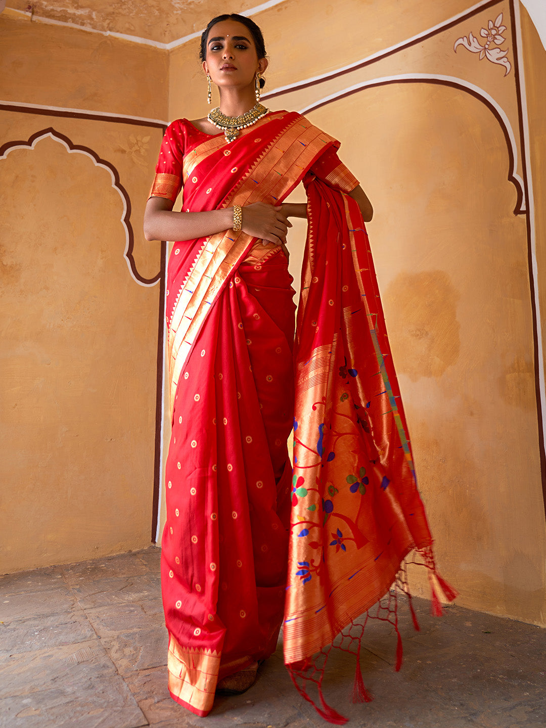 Janasya Red Paithani Silk Ethnic Motifs Paithani Silk Saree - Distacart