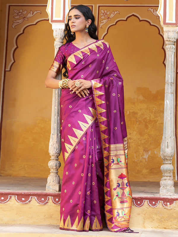 Janasya Wine Paithani Silk Ethnic Motifs Paithani Silk Saree - Distacart