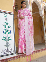 Thumbnail for Janasya Pink Linen Cotton Woven Ethnic Motifs Woven Design Saree - Distacart