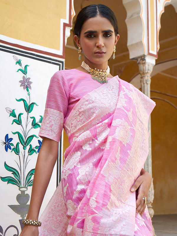 Pink Linen Cotton Woven Border Designer Printed Saree main image 1