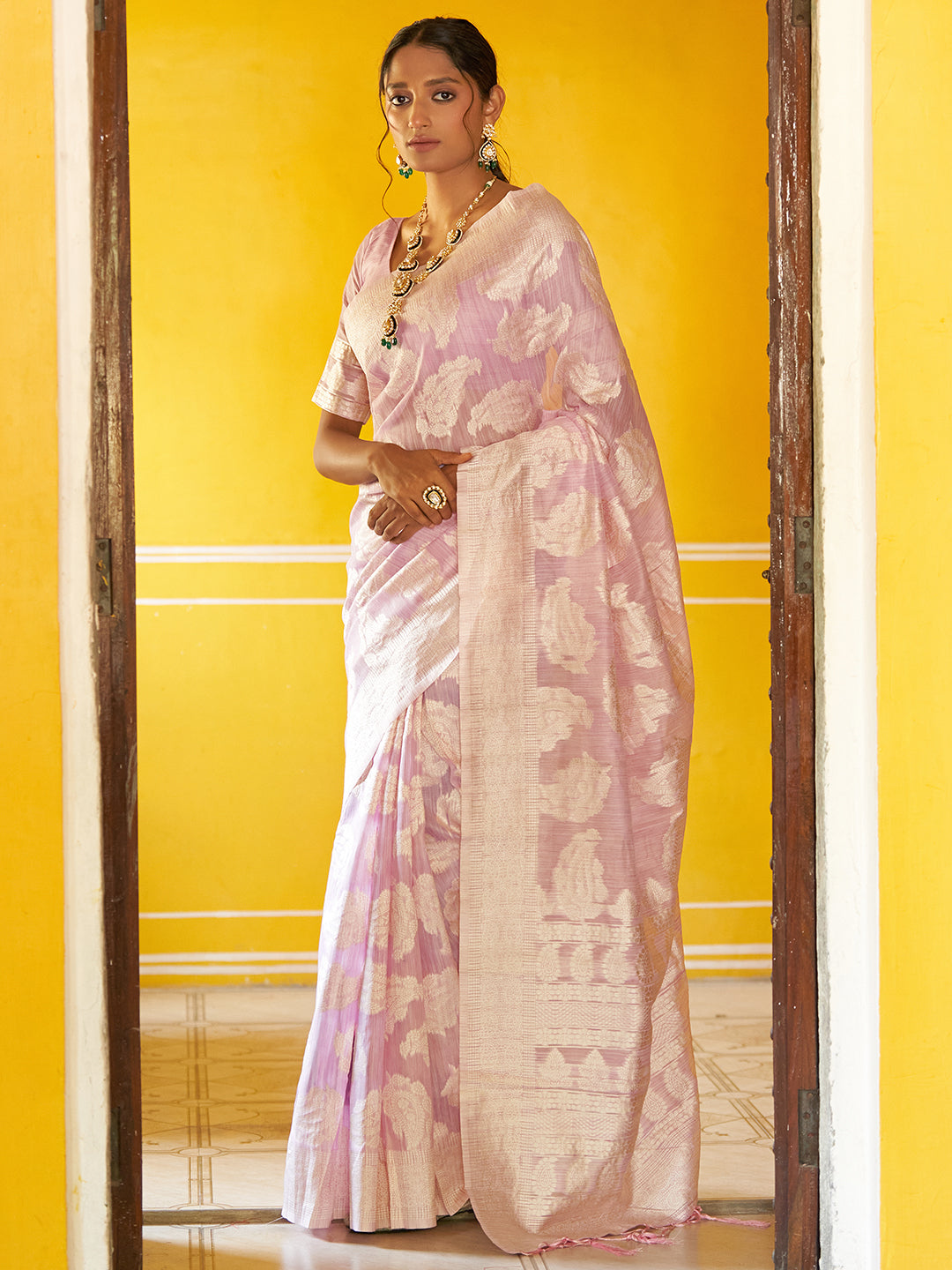 Janasya Lavender Linen Cotton Woven Paisley Woven Design Saree - Distacart