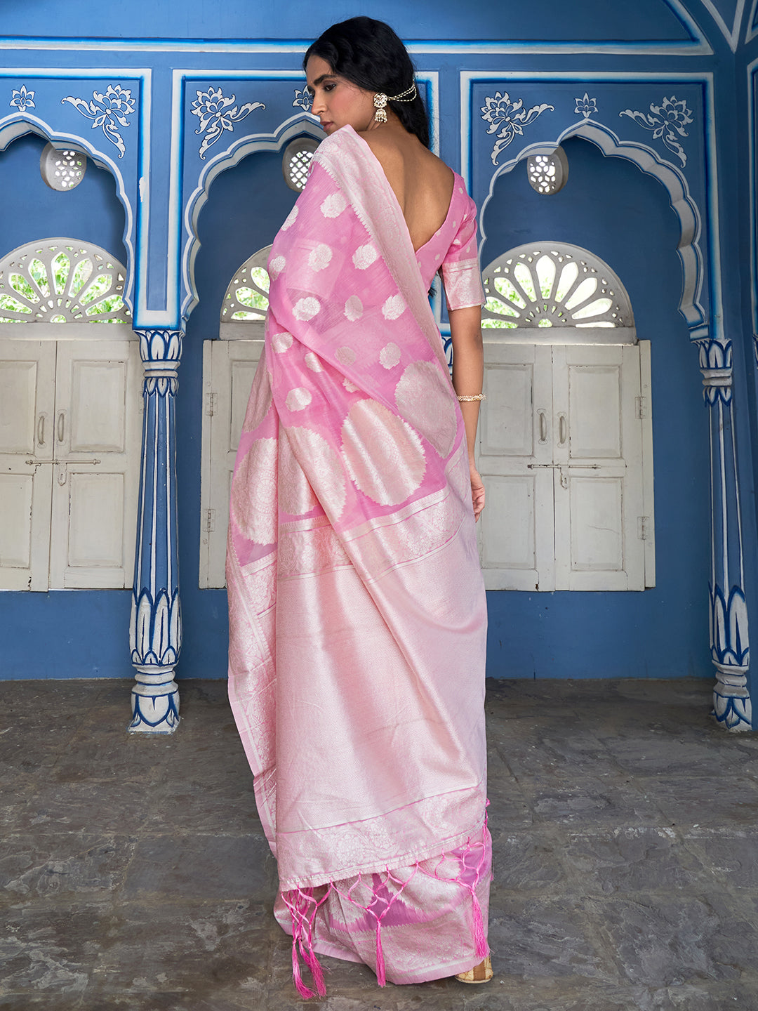 Janasya Pink Linen Cotton Woven Floral Design Woven Design Saree - Distacart