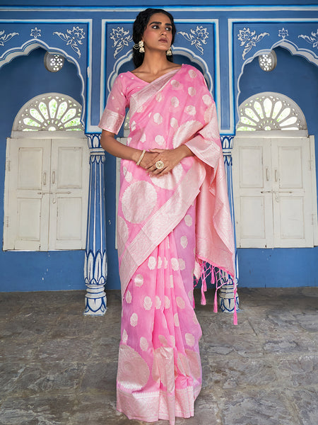 Janasya Pink Linen Cotton Woven Floral Design Woven Design Saree - Distacart