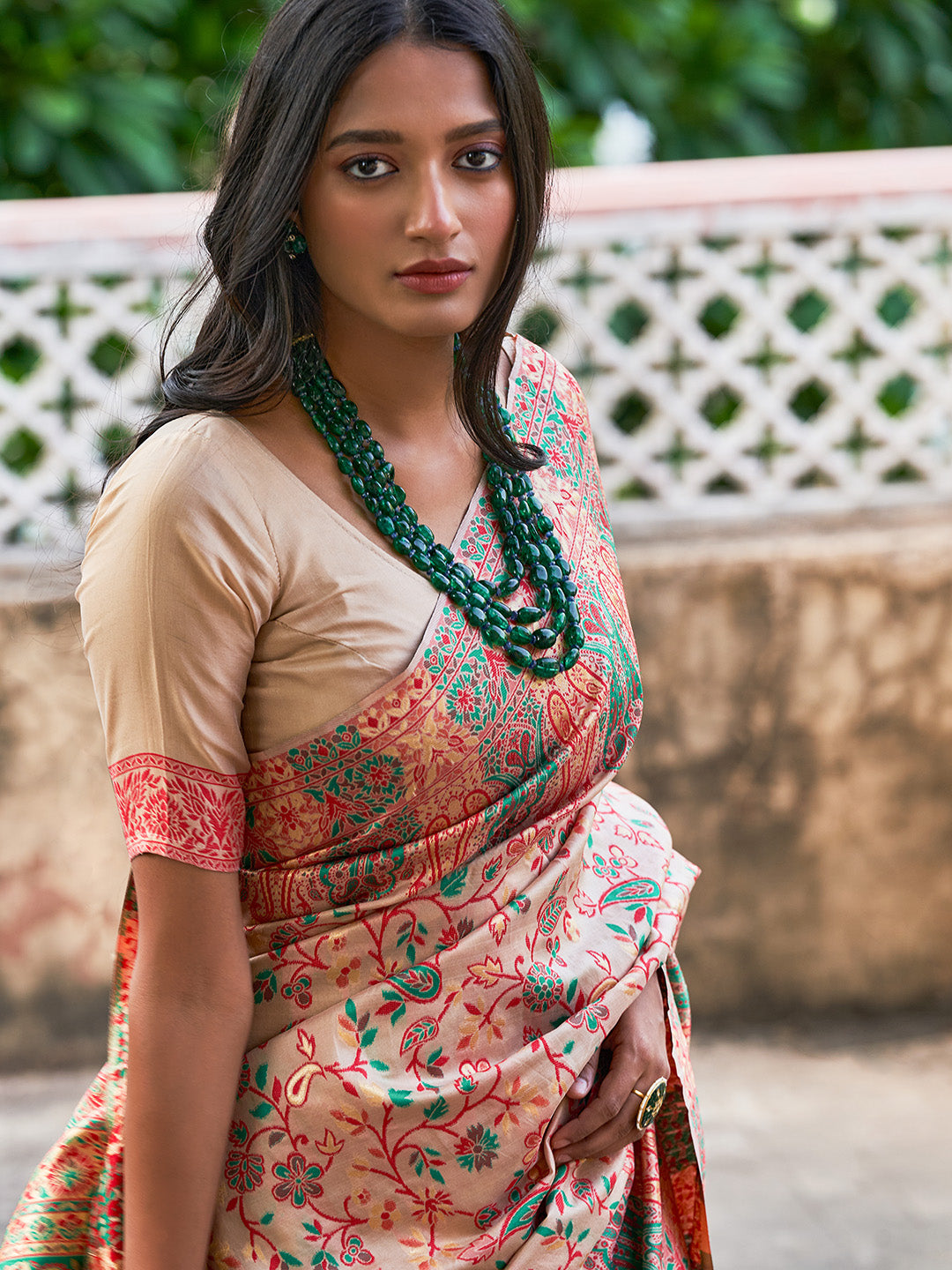 Janasya Beige Cotton Silk Pashmina Woven Design Saree - Distacart