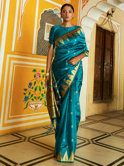 Janasya Teal Paithani Silk Ethnic Motifs Paithani Silk Saree - Distacart