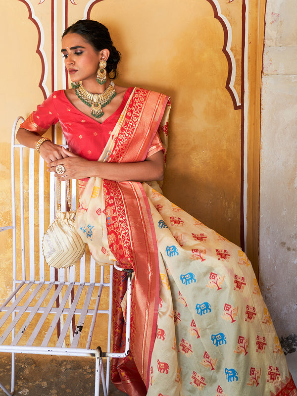 Janasya Beige Cotton Silk Woven Design Patola Saree - Distacart