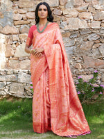 Thumbnail for Janasya Peach Banarasi Silk Woven Dual Tone Floral Design Banarasi Silk Saree - Distacart
