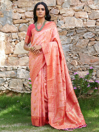 Janasya Peach Banarasi Silk Woven Dual Tone Floral Design Banarasi Silk Saree - Distacart